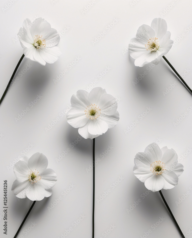 Obraz premium Fresh White Small Flowers with Stems Laid on a Smooth White Surface for a Natural and Simple Presentation Floral Botanical Wallpaper Background