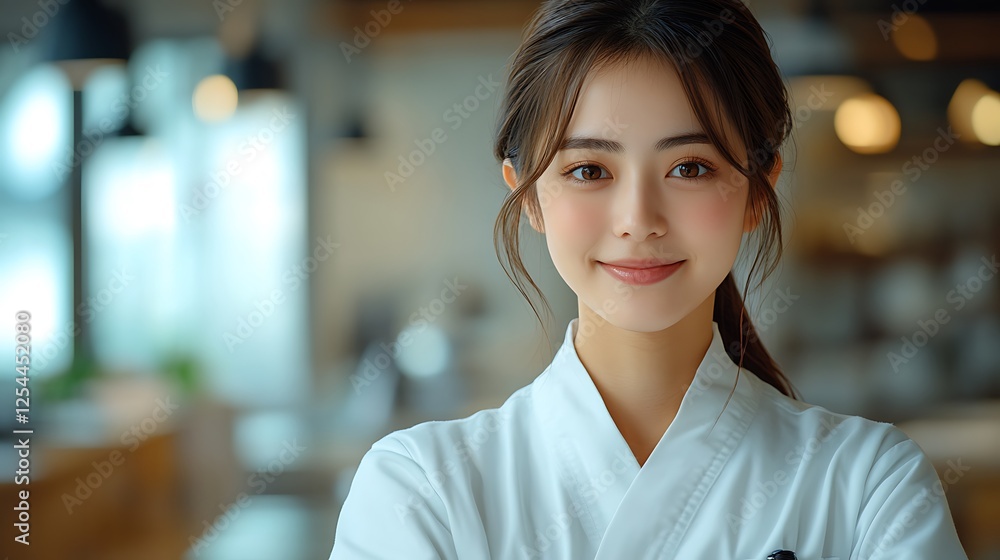 Smiling chef in a bright kitchen preparing delicious dishes with a warm ambiance Smiling chef in a bright kitchen preparing delicious dishes with a warm ambiance