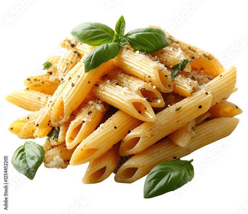 Penne pasta with basil and parmesan isolated on transparent background photo