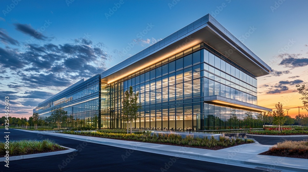 Fototapeta premium Modern glass office building sunset landscape, corporate real estate