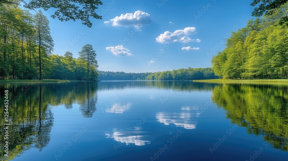 Fototapeta premium Serene lake surrounded by lush green trees under a clear blue sky reflecting in the water