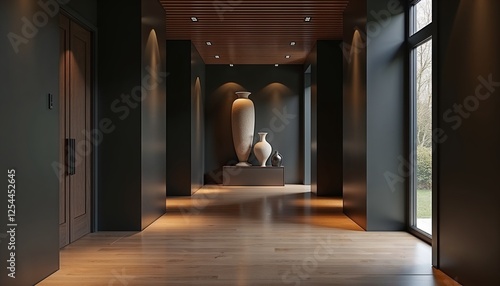 High-end hallway with dramatic black walls and sleek modern sculptures on glossy wooden flooring