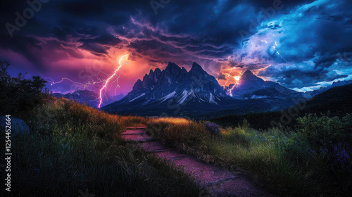 Majestic mountain landscape under a dramatic storm with lightning illuminating the sky