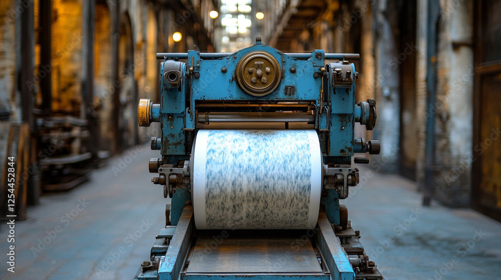 A modern shiny metal printing press with a bright tone and blurred background, symbolizing the intersection of technology and communication, capturing the concept of chaos in a controlled space A modern shiny metal printing press with a bright tone and blurred background, symbolizing the intersection of technology and communication, capturing the concept of chaos in a controlled space