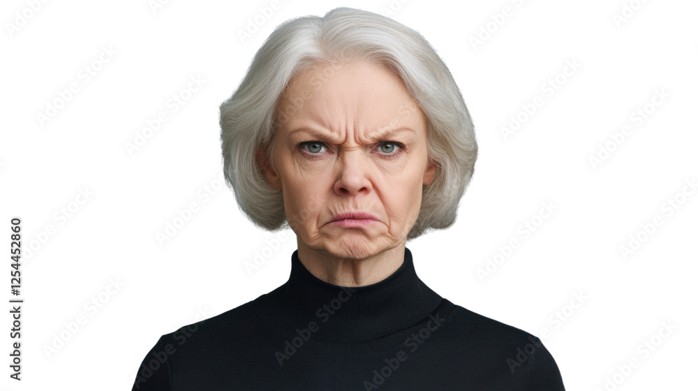 Senior woman expressing displeasure with frowning face on transparent background Senior woman expressing displeasure with frowning face on transparent background