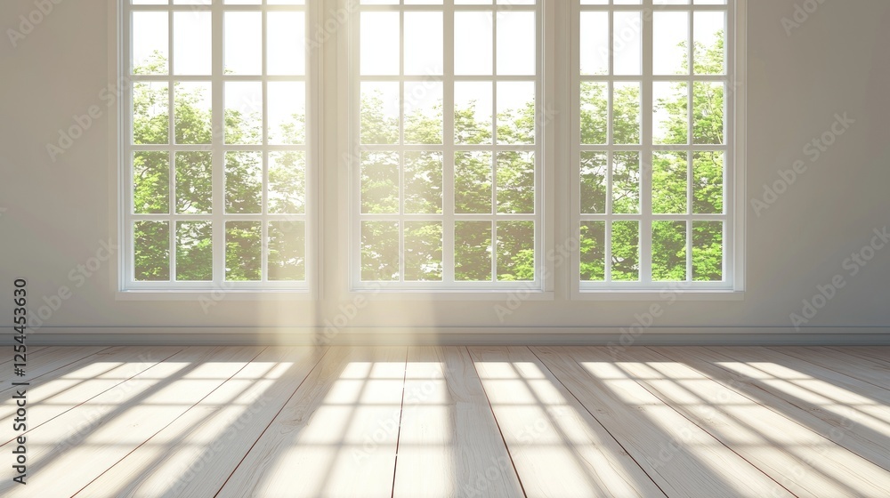 Obraz premium Bright, airy room with sunlight streaming through large windows, showcasing green outdoor scenery