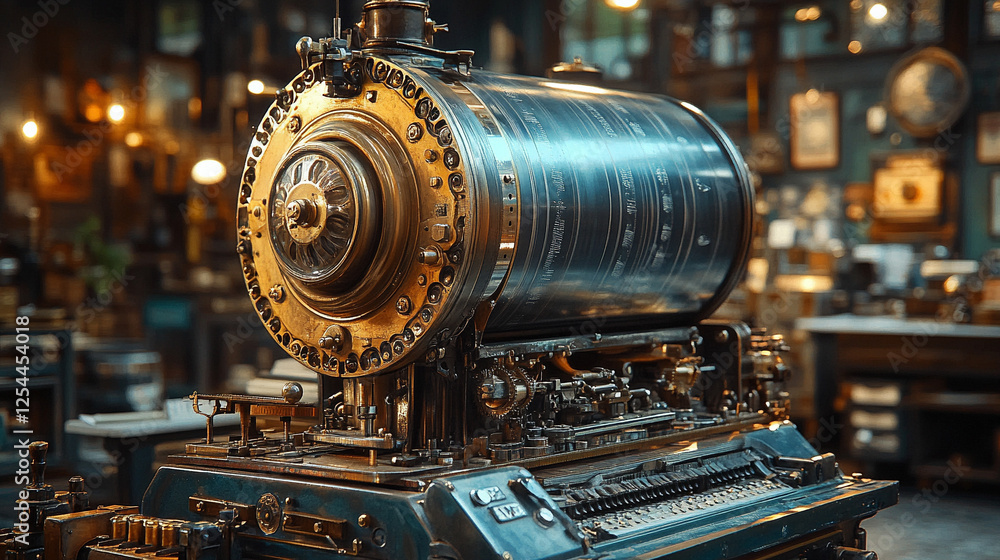 A modern shiny metal printing press with a bright tone and blurred background, symbolizing the intersection of technology and communication, capturing the concept of chaos in a controlled space A modern shiny metal printing press with a bright tone and blurred background, symbolizing the intersection of technology and communication, capturing the concept of chaos in a controlled space