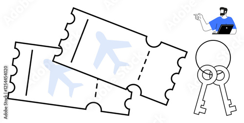Two airline tickets next to a pair of keys, virtual assistant using laptop. Ideal for travel planning, online booking, security, assistance, modern technology, convenience vacation. Abstract line