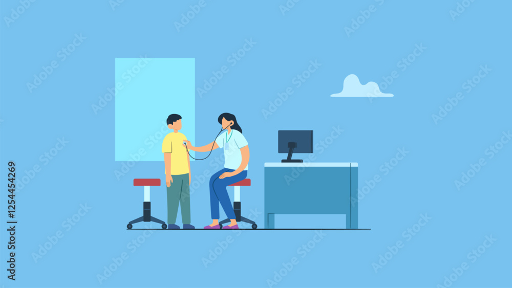 Vector illustration of doctor or general practitioner checks kid chest with stethoscope. Concept of hospital, clinic, health care, medicine, diagnosis, doctor consultation, examination, illness. Vector illustration of doctor or general practitioner checks kid chest with stethoscope. Concept of hospital, clinic, health care, medicine, diagnosis, doctor consultation, examination, illness.