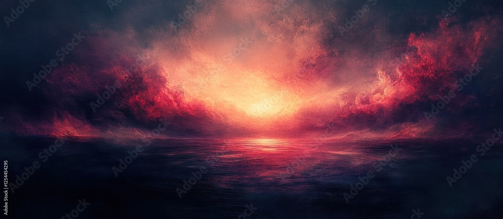 Fototapeta premium Fiery sunset over a calm ocean, dramatic cloudscape, fantasy background, game design