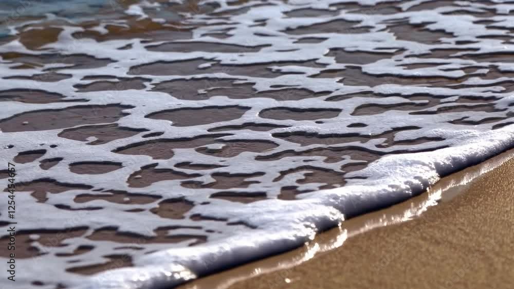 Gentle wave washing ashore on a sandy beach, sunlight gleaming on the water. Gentle wave washing ashore on a sandy beach, sunlight gleaming on the water.