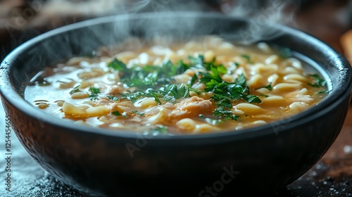 A steaming bowl of comforting soup with vibrant herbs and hearty pasta. Perfect for showcasing warmth and nourishment in culinary photography. Ideal for food lovers and recipes. photo