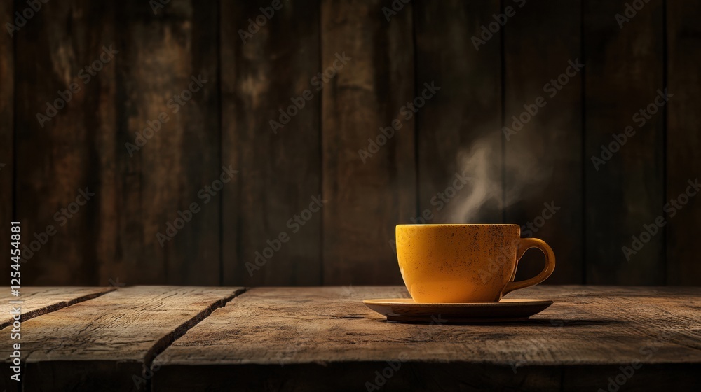 Warm coffee cup with steam on rustic wooden table creating a cozy atmosphere in a quiet space. Generative AI Warm coffee cup with steam on rustic wooden table creating a cozy atmosphere in a quiet space. Generative AI