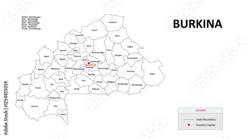 Burkina Faso Map. State and district map of Burkina Faso. Administrative map of Burkina Faso with states and boundaries in white color. photo