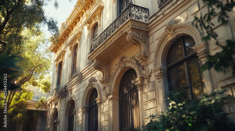 Obraz premium Elegant European mansion, sunny courtyard, lush foliage, architectural detail, real estate