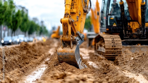 Construction excavator digging trench on city street