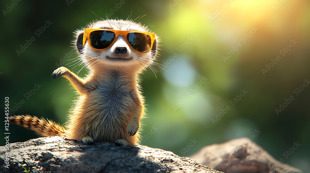Fototapeta premium Meerkat Wearing Sunglasses Posing On Rock