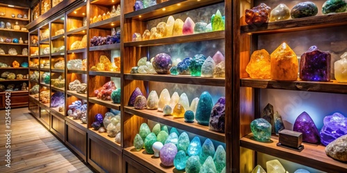 Wallpaper Mural Warmly lit interior of a crystal shop with shelves displaying an array of colorful crystals and rocks, crystals, sparkling stones Torontodigital.ca