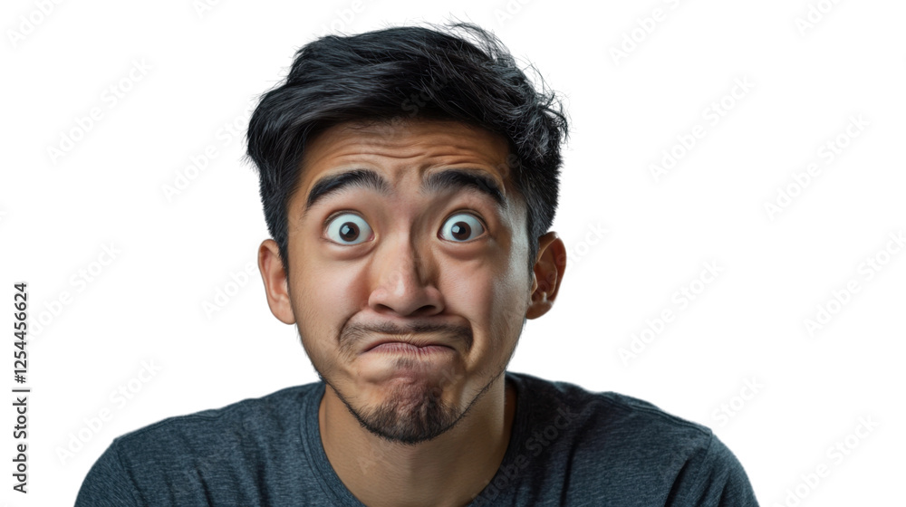 Young man making funny surprised face expression on transparent background Young man making funny surprised face expression on transparent background