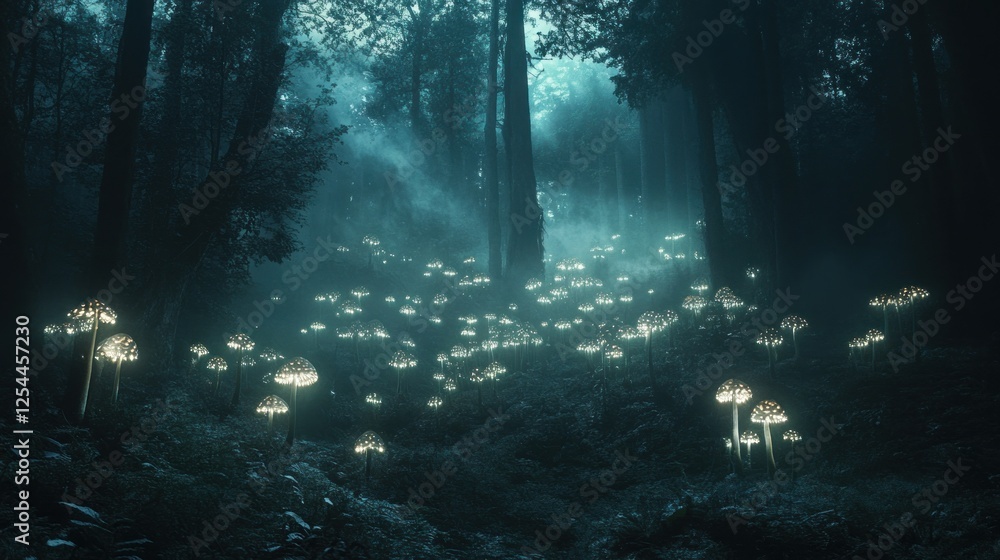 Obraz premium Glowing mushrooms illuminate foggy forest path, fantasy background, game asset