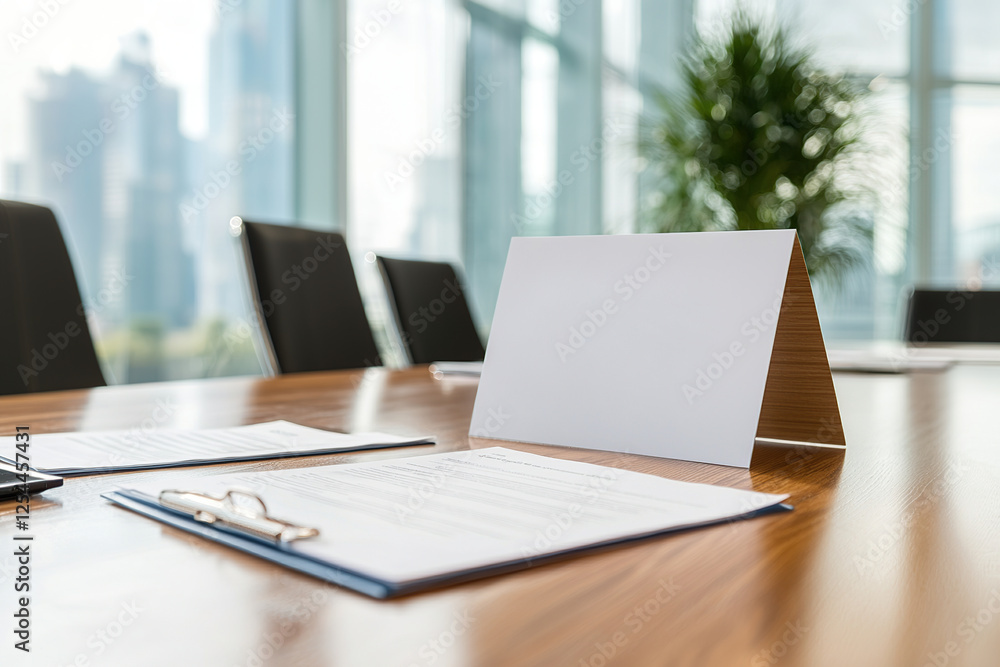 Fototapeta premium modern conference room with wooden table, documents, and blank nameplate, set against backdrop of large windows and cityscape views, creating professional atmosphere
