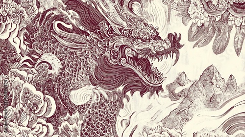 Intricate detailed Illustration of a dragon with mountains and floral elements