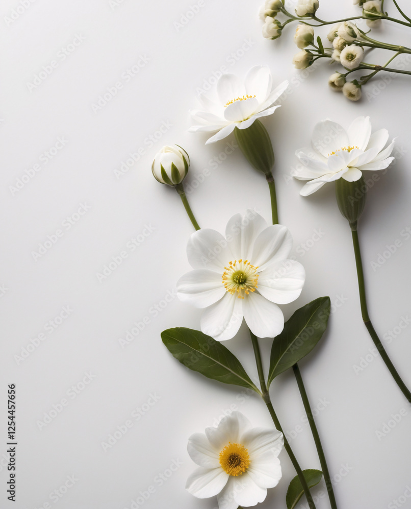 White Small Flowers with Stems Spread Out on a Clean White Background for a Simple and Elegant Composition Floral Botanical Wallpaper Background White Small Flowers with Stems Spread Out on a Clean White Background for a Simple and Elegant Composition Floral Botanical Wallpaper Background