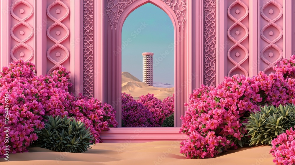 Serene Pink Oasis with Blooming Flowers and Architectural Elements Serene Pink Oasis with Blooming Flowers and Architectural Elements