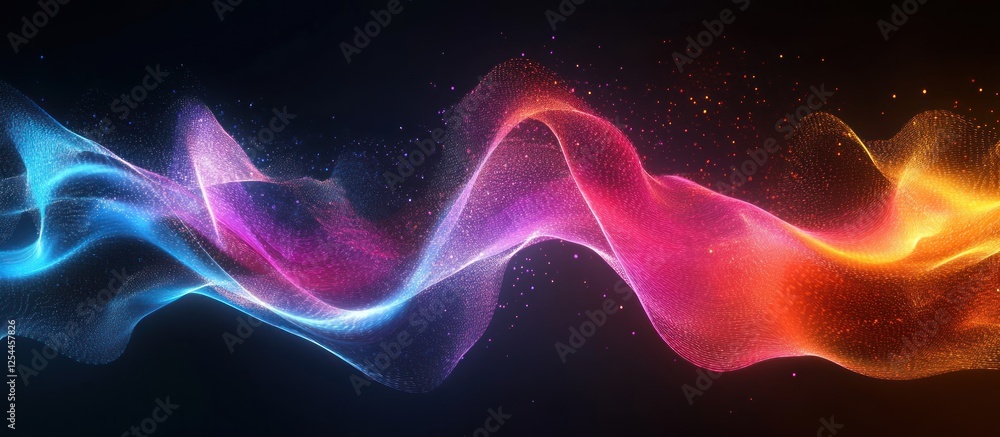 Fototapeta premium Abstract colorful wave, glowing particles, dark background, digital art, website banner