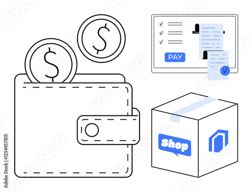 Digital wallet with coins, payment interface screen with checklist and receipt, shopping box with store logo. Ideal for e-commerce, online shopping, digital payments, financial transactions, retail