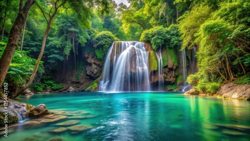 Serene waterfall cascading into a crystal-clear pool amidst a verdant forest canopy of towering trees and exotic foliage, tranquility, forest