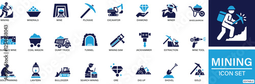 Mining icon set minerals, gold, pickaxe, miner, excavator, diamond, coal wagon, jackhammer You can easily change the color.