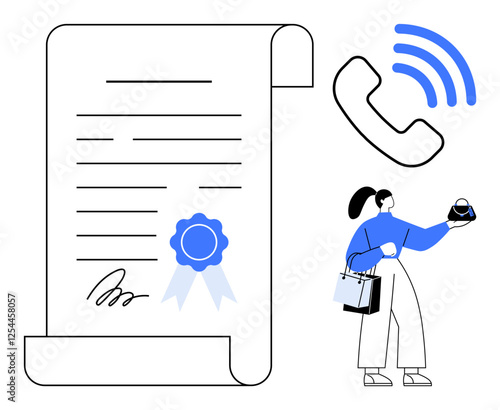 Legal document with a signature and certificate, telephone icon, woman holding scales and shopping bags. Ideal for law, communication, justice, certification, retail, balance decision-making