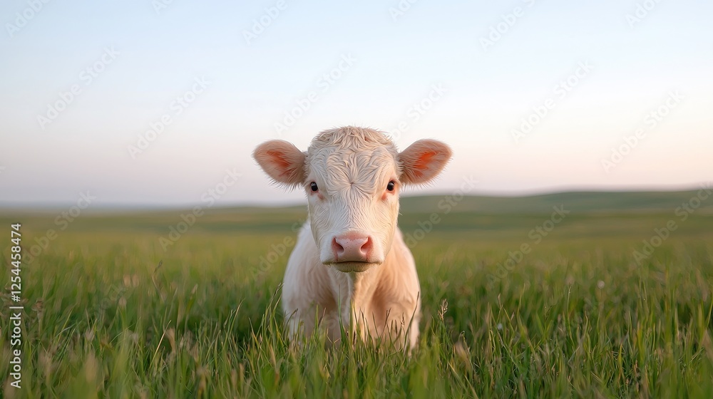 Fototapeta premium Calf in grassy field at sunset, idyllic rural scene