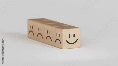 Bild auf Leinwand sad faces icon and happy smiley faces on wooden cube blocks
