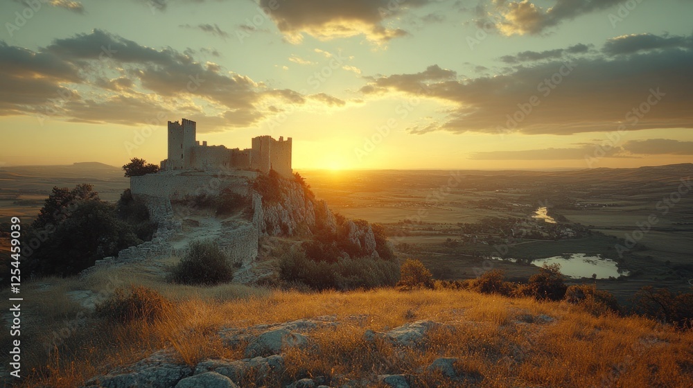 Fototapeta premium Sunset over hilltop medieval castle, rural valley