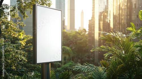 Vertical blank white poster on a modern pole, city setting with blurred trees and buildings under sunlight.