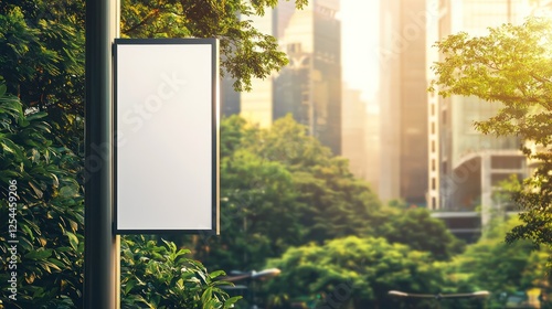 Blank vertical white poster mounted on a pole in the city, trees and buildings blurred in the sunny backdrop.