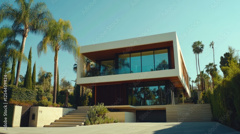Fototapeta premium Modern house, sunny California, palm trees, luxury real estate