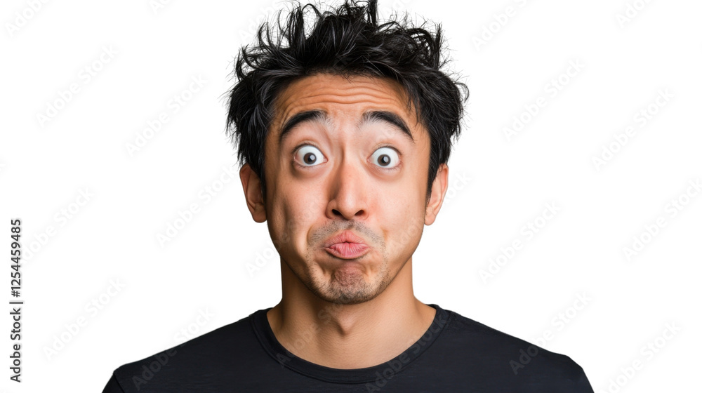Fototapeta premium Young man making funny face with inflated cheeks and wide eyes on transparent background
