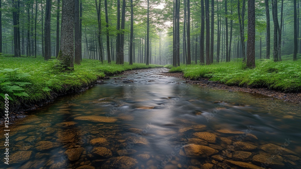 Obraz premium Serene forest landscape with a flowing stream, lush greenery, and misty atmosphere at dawn
