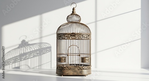 Vintage Birdcage with Intricate Design and Shadow on White Background