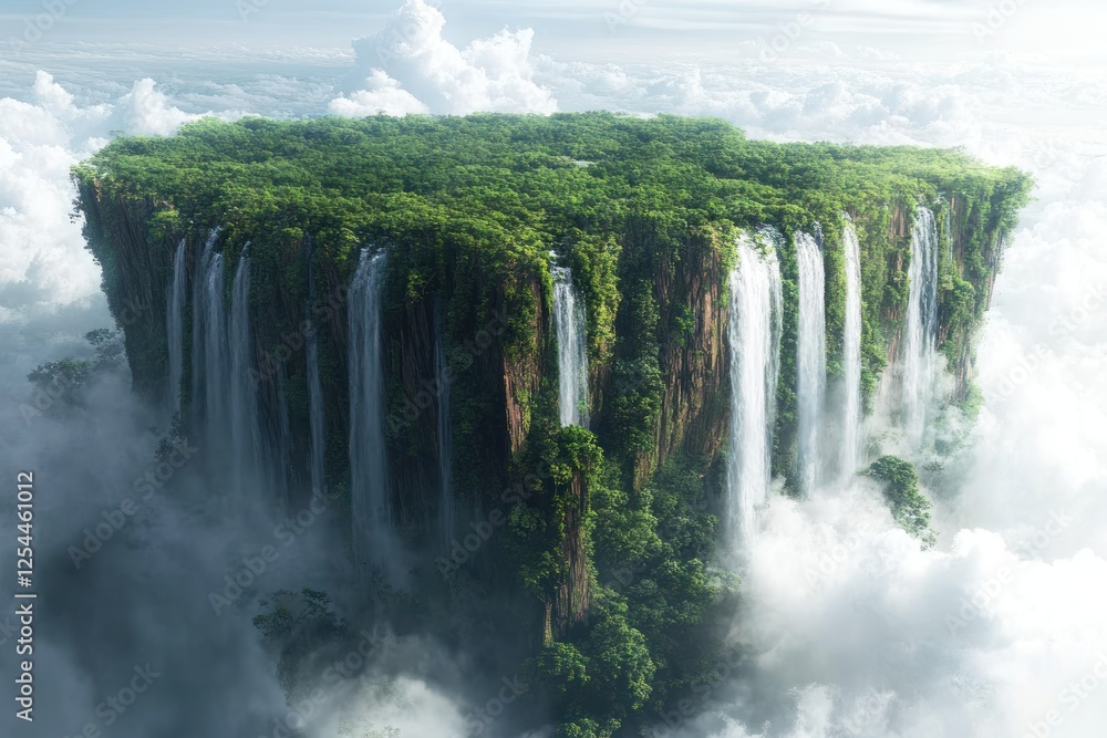 Floating island, lush jungle, waterfalls, cloudscape, fantasy, aerial view, paradise, game design Floating island, lush jungle, waterfalls, cloudscape, fantasy, aerial view, paradise, game design