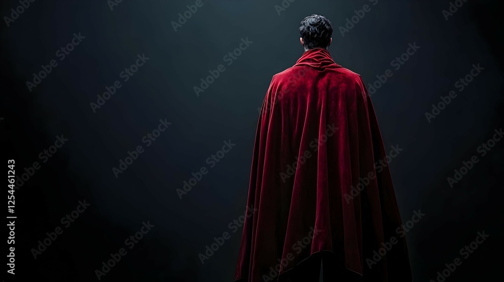 Naklejka premium Powerful Figure In Red Cape And Dark Background