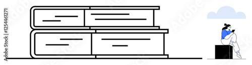 Person sits on a stack reading, with large book stack nearby. Ideal for education, literature, knowledge, self-study, leisure reading, library concepts learning environments. Line metaphor