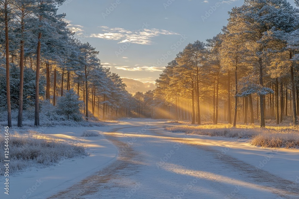 Fototapeta premium Snowy Forest Path At Sunrise