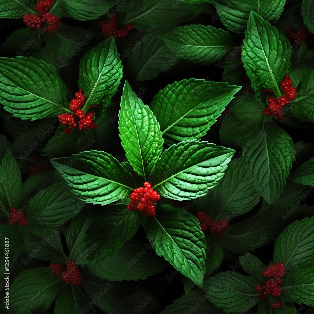 This image showcases a vibrant background of fresh green mint leaves, interspersed with small red berries. Perfect for food flavoring labels, packaging, or culinary presentations. This image showcases a vibrant background of fresh green mint leaves, interspersed with small red berries. Perfect for food flavoring labels, packaging, or culinary presentations.