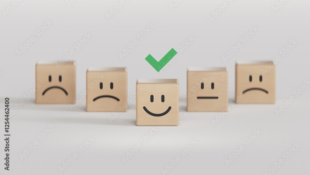 Obraz premium The wooden blocks are placed on the table, and customer service best excellent business rating experience. Satisfaction survey concept.Shopping service on The online web and offers home delivery.