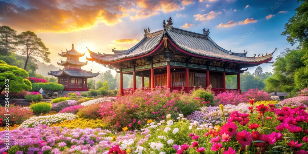 a tranquil Chinese temple stands amidst a vibrant garden filled with blooming flowers of every color, their delicate petals swaying gently in the breeze, garden, nature a tranquil Chinese temple stands amidst a vibrant garden filled with blooming flowers of every color, their delicate petals swaying gently in the breeze, garden, nature