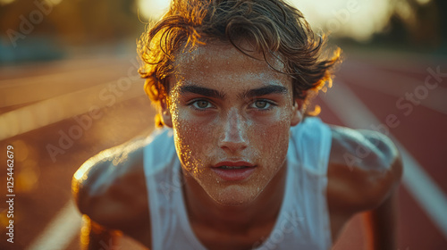 Young man on a running track after a workout, looking focused and determined at sunset, Generative AI